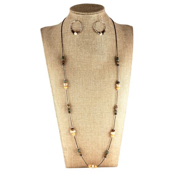 Beaded Hoop Earrings, Long 30" Bead Necklace Set Mixed Green Brown Silver Tone - Picture 1 of 14